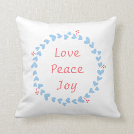Christmas Wreath with Blue Hearts and Holly Throw Pillow