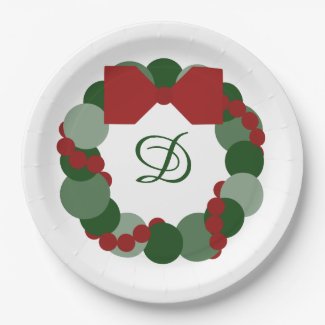 Christmas Wreath with Custom Monogram Party Plates 9 Inch Paper Plate
