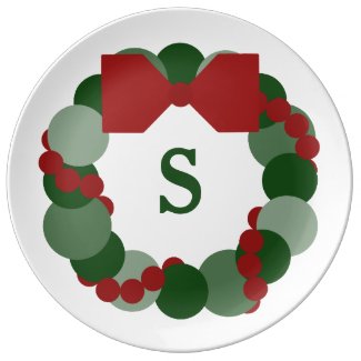 Christmas Wreath with Monogram Holiday Party Plate Porcelain Plates