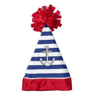 Chrome Anchor on Nautical Navy Blue Stripes Print Santa Hat