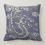 Chrome Dragon on Blue Slate Leather Texture Pillow