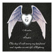 Chrome & Faux Leather Winged Heart Invitation