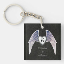 Chrome & Faux Leather Winged Heart Keychain Acrylic Key Chains