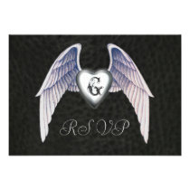 Chrome & Faux Leather Winged Heart RSVP Invitation invitations