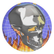 Chrome human skull design 1 with fire and web plate
