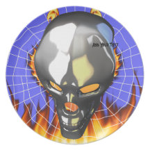 Chrome human skull design 2 with fire and web dinner plate
