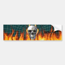 Chrome human skull design 4 with fire and web. bumper sticker