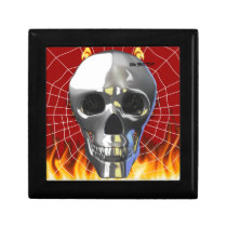 Chrome human skull design 4 with fire and web. trinket box