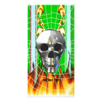 Chrome human skull design 4 with fire and web. customized photo card