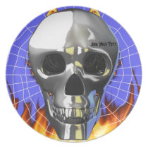 Chrome human skull design 4 with fire and web. dinner plates