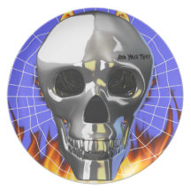 Chrome human skull design 4 with fire and web. dinner plates