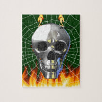 Chrome human skull design 4 with fire and web. jigsaw puzzles