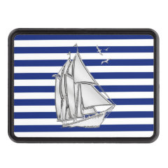 Chrome Sailboat on Navy Stripes Print Hitch Trailer Hitch Covers