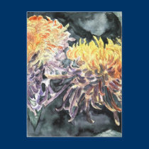 Chrysanthemum mum flowers watercolor painting postcards