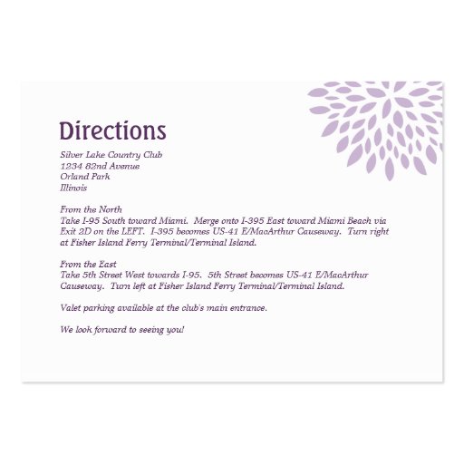 Chrysanthemums Wedding Directions Chubby Business Card Template (back side)