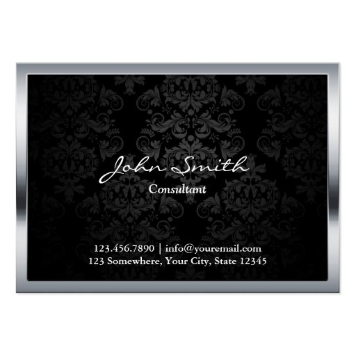 Chubby Black Damask Metal Border Business Card (front side)