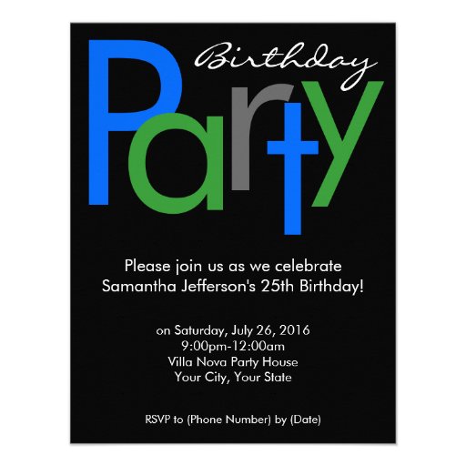 Chunky Block Blue Black Birthday Party Invitation