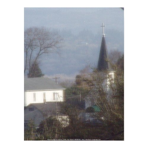 Church steeple on a hazy blue day print