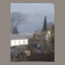 Church steeple on a hazy blue day posters