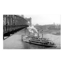 Cincinnati Suspension Bridge and Steamboat 1906 BW Print