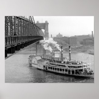 Cincinnati Suspension Bridge and Steamboat 1906 BW Print