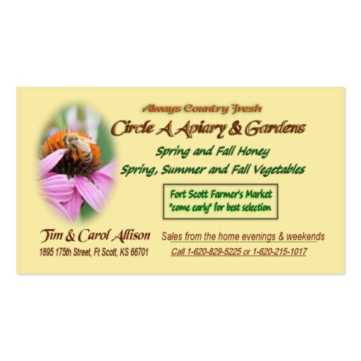 Circle A Apiary and Gardens Business Cards (front side)