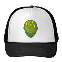 circuit board brain head yellow and green mesh hats
