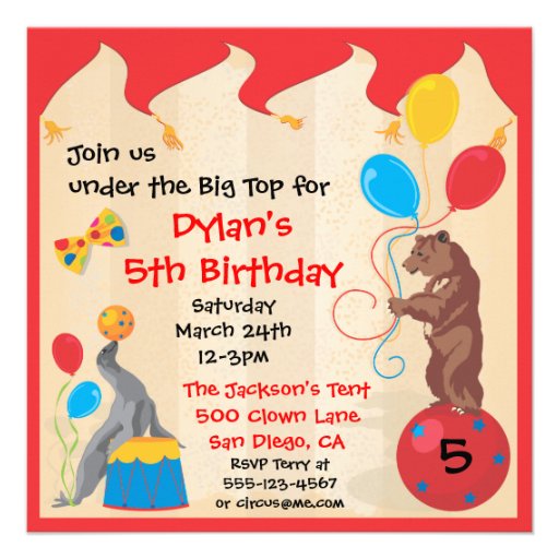 Circus Animals Birthday Party Invitation Card