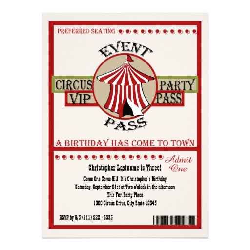 Circus Birthday Party Event Pass Personalized Invitations