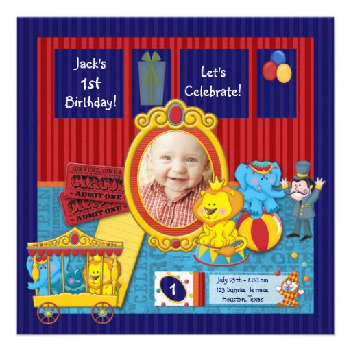 Circus Boys Photo 1st Birthday Party Personalized Invites