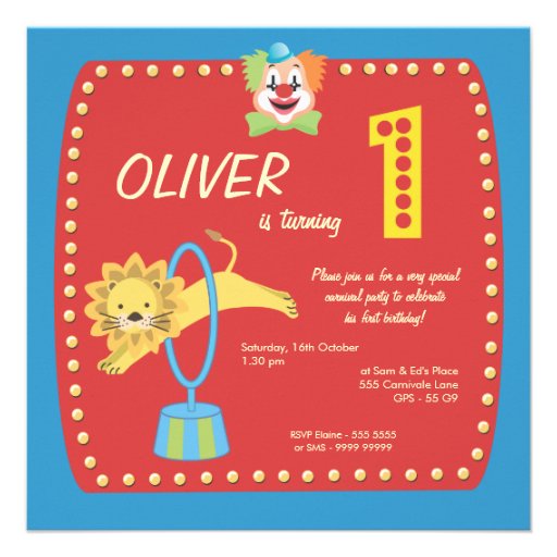 Circus Carnival Clown First (1st) Birthday Party Custom Invitations