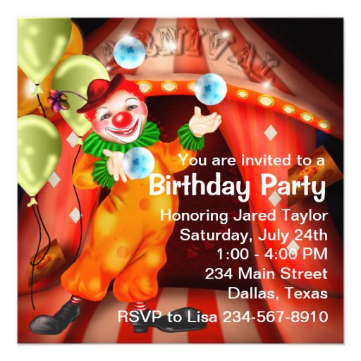 Circus Clown Birthday Party Invitations