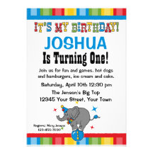 Circus Elephant 1st Birthday Custom Invitations