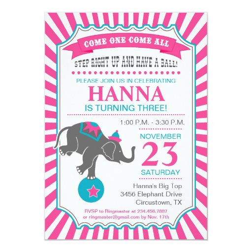 Circus Elephant Birthday Party Custom Announcements