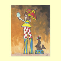 Circus Performer on Stilts with Seal postcard art postcards