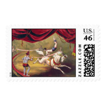 Circus poster showing acrobat performing on horse stamp