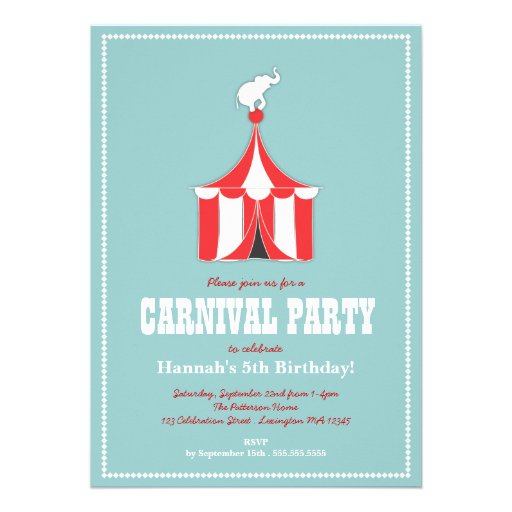 Circus Tent & Elephant Kids Birthday Party Personalized Invite