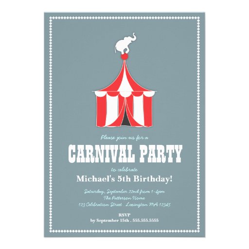 Circus Tent & Elephant Kids Birthday Party Invitations