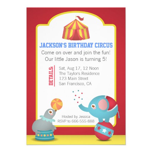 Circus Themed Fun Birthday Party with Cute Animals Personalized Invitation