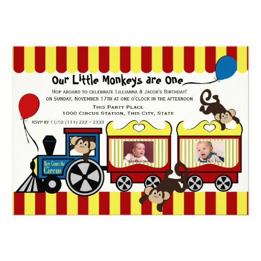 Circus Train Twin Photo Personalized Announcements