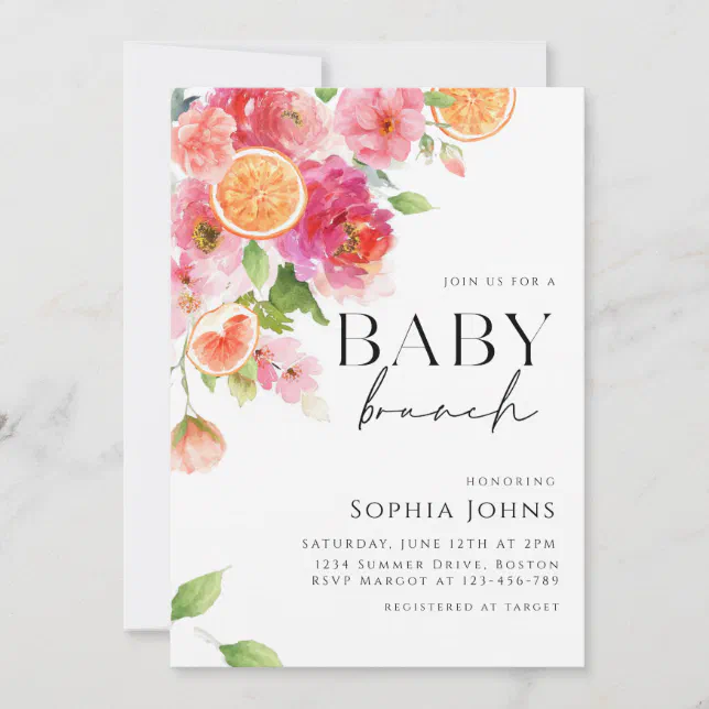 Citrus Oranges Pink Floral Baby Brunch Invitation Zazzle