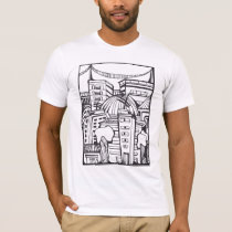 artsprojekt, drawing, city, dwelling, buildings, house, architeture, survive, urban, crowded, ancient, tshirt, civilization, history, future, space, home, construction, modern, line, black, white, bridge, archaeology, Shirt with custom graphic design