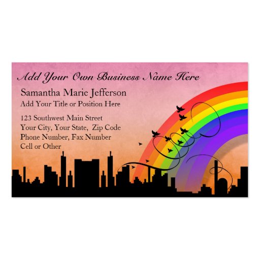 City Skyline with Rainbow and Birds Flying Business Card Template (front side)