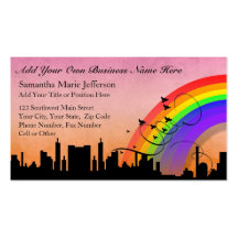 City Skyline with Rainbow and Birds Flying Business Card Template