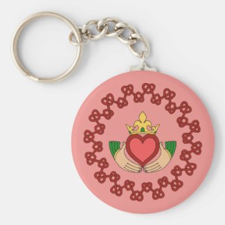 Claddagh and Red Knotwork on Pink Basic Round Button Keychain