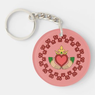 Claddagh and Red Knotwork on Pink Double-Sided Round Acrylic Keychain