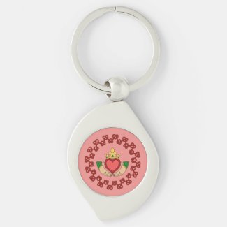 Claddagh and Red Knotwork on Pink Silver-Colored Swirl Metal Keychain