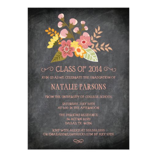 Class of 2014 chalkboard floral graduation party personalized invites (front side)