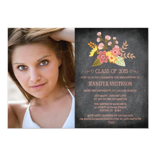 Class of 2015 floral chalkboard photo graduation custom invite (front side)