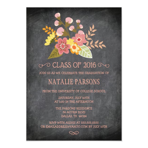 Class of 2016 chalkboard floral graduation party 5x7 paper invitation card (front side)